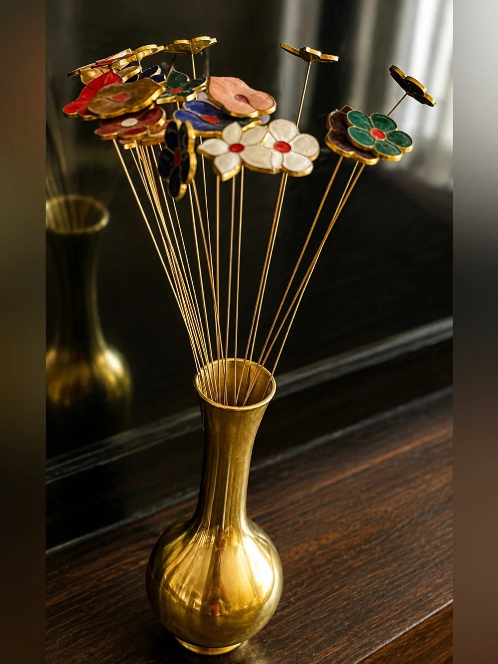 Vintage Brass-Style Vase with Colorful Enamel Flower Bouquet | Cottagecore Decor